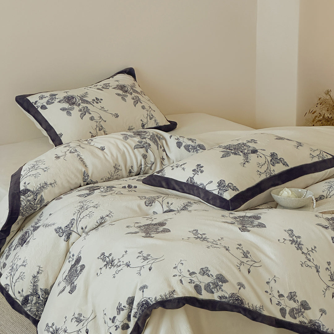 Toile Floral Bettbezug Set mit Samt Paspel Kissenbezügen