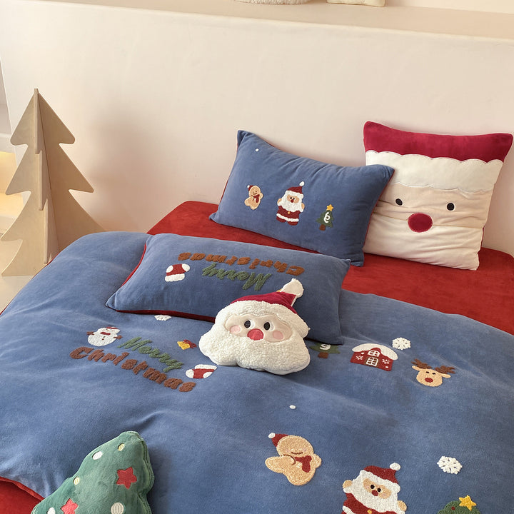 Holiday Embroidered Plush Velvet Reversible Duvet Cover Set with Decorative Pillow Shams