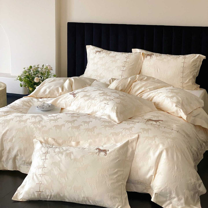 Luxuriöses Baumwoll-Jacquard-Bettwäsche-Set mit feiner Pferde-Stickerei