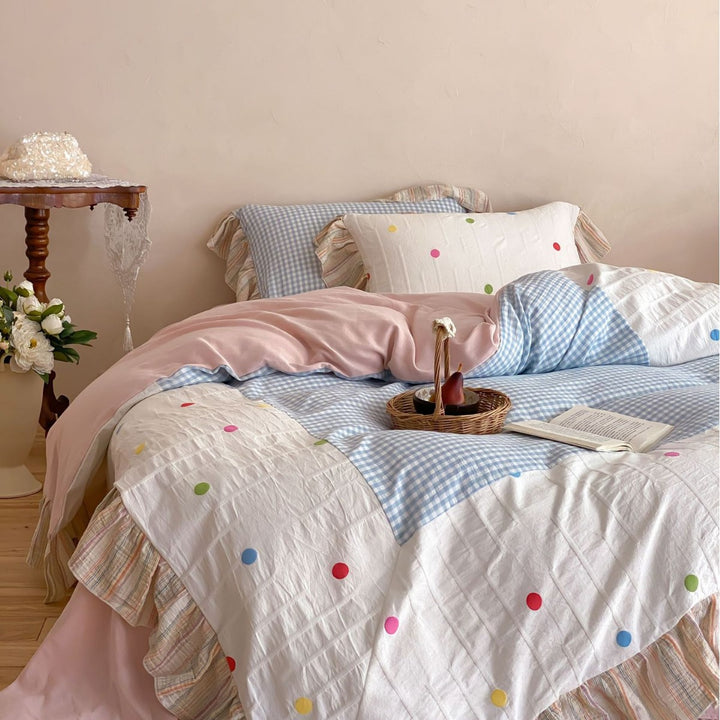 Rüsch Patchwork Pünktchen Baumwolle Bettbezug Set mit Gingham Einsatz und Kissenbezügen
