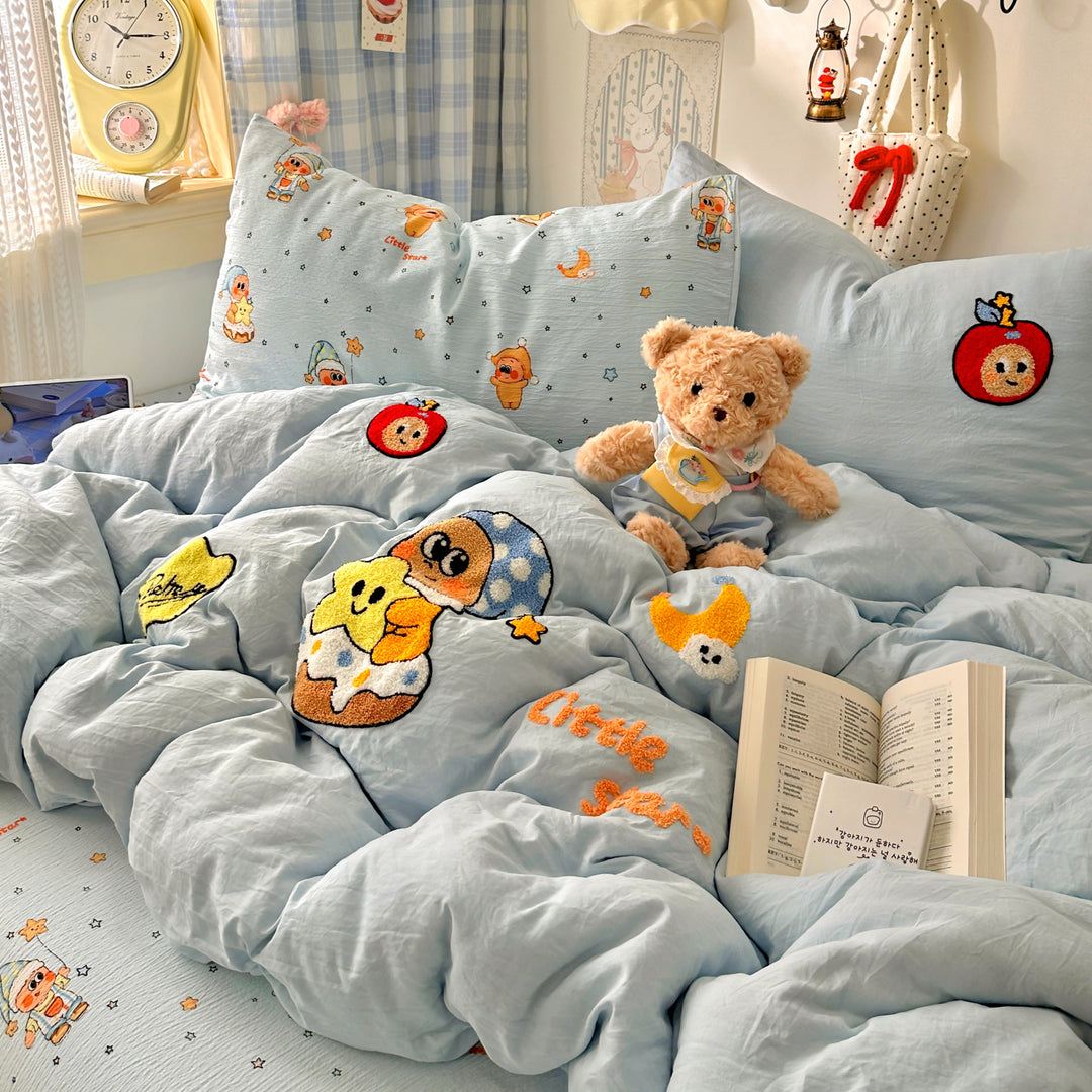 Bestickte Cartoon-Applikation Baumwoll Bettdeckenbezug Set mit weichem Percale und Kissenbezügen