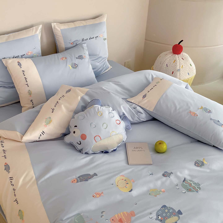 Verspieltes Marine Baumwoll-Satin Bettwäsche-Set mit Fischmuster Kissenbezügen