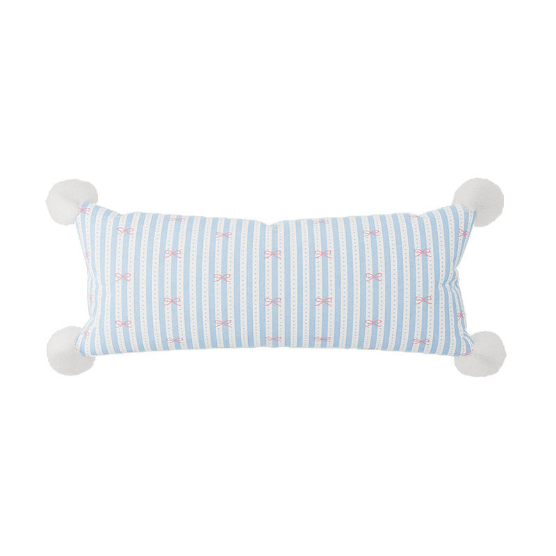 Long Lumbar Decorative Throw Pillow with Pom-Pom Corners and Bow-Striped Cotton-Linen Cover