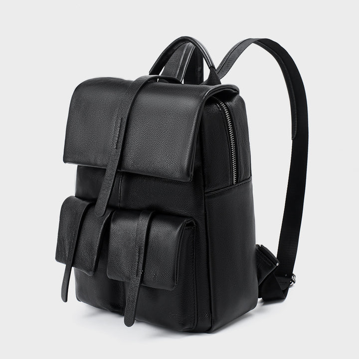 Leder Klappen-Rucksack mit doppelten Fronttaschen und Oberem Griff