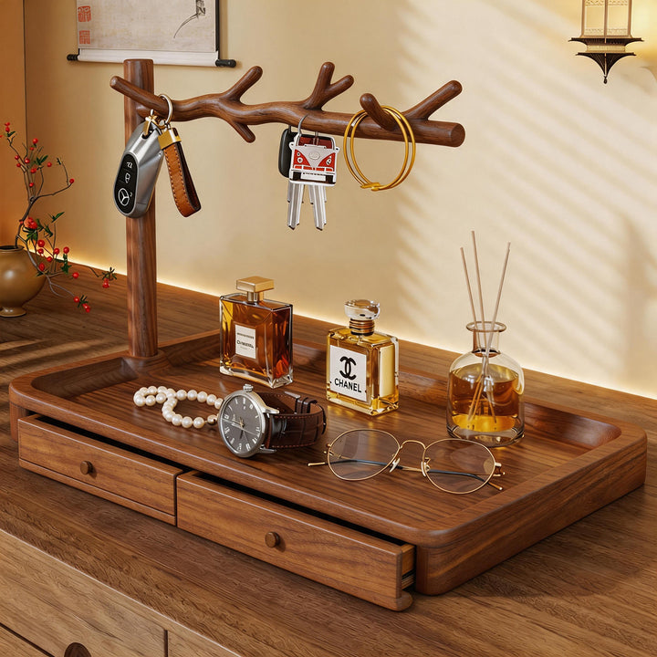 Holz-Entrée-Valet-Schale mit Multi-Arm-Schlüsselständer