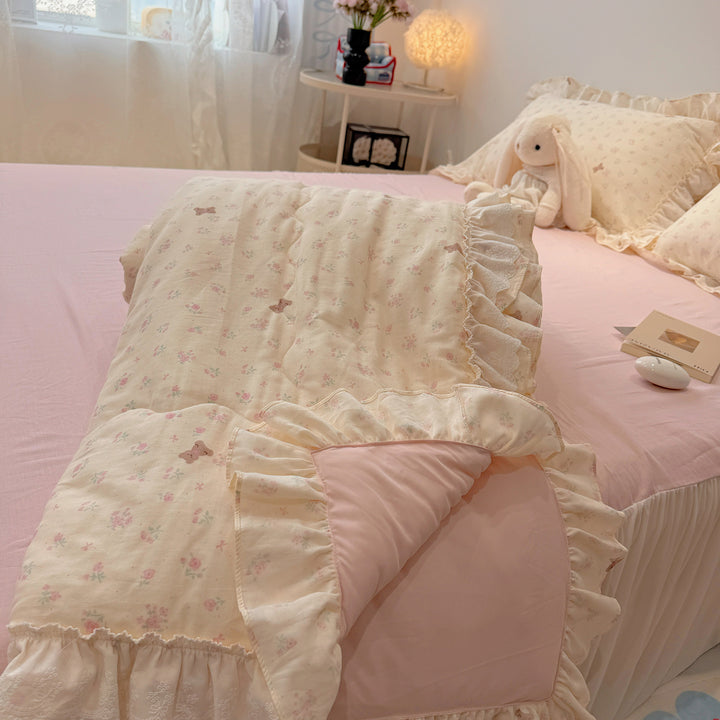 Patchwork-Bettwäscheset aus Baumwoll-Musselin mit Rüschen und leichter Steppdecke