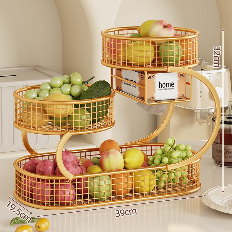 Mehrere Ebenen Spiralförmiger Metall Obst- und Gemüse Lagerstand mit Netz Körben und Taschentuch Box Regal