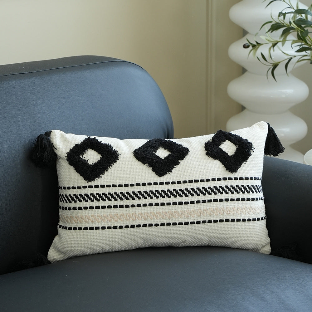 Rechteckiges gewebtes Lumbar-Dekokissen mit Tuft‑Diamanten und Quasten