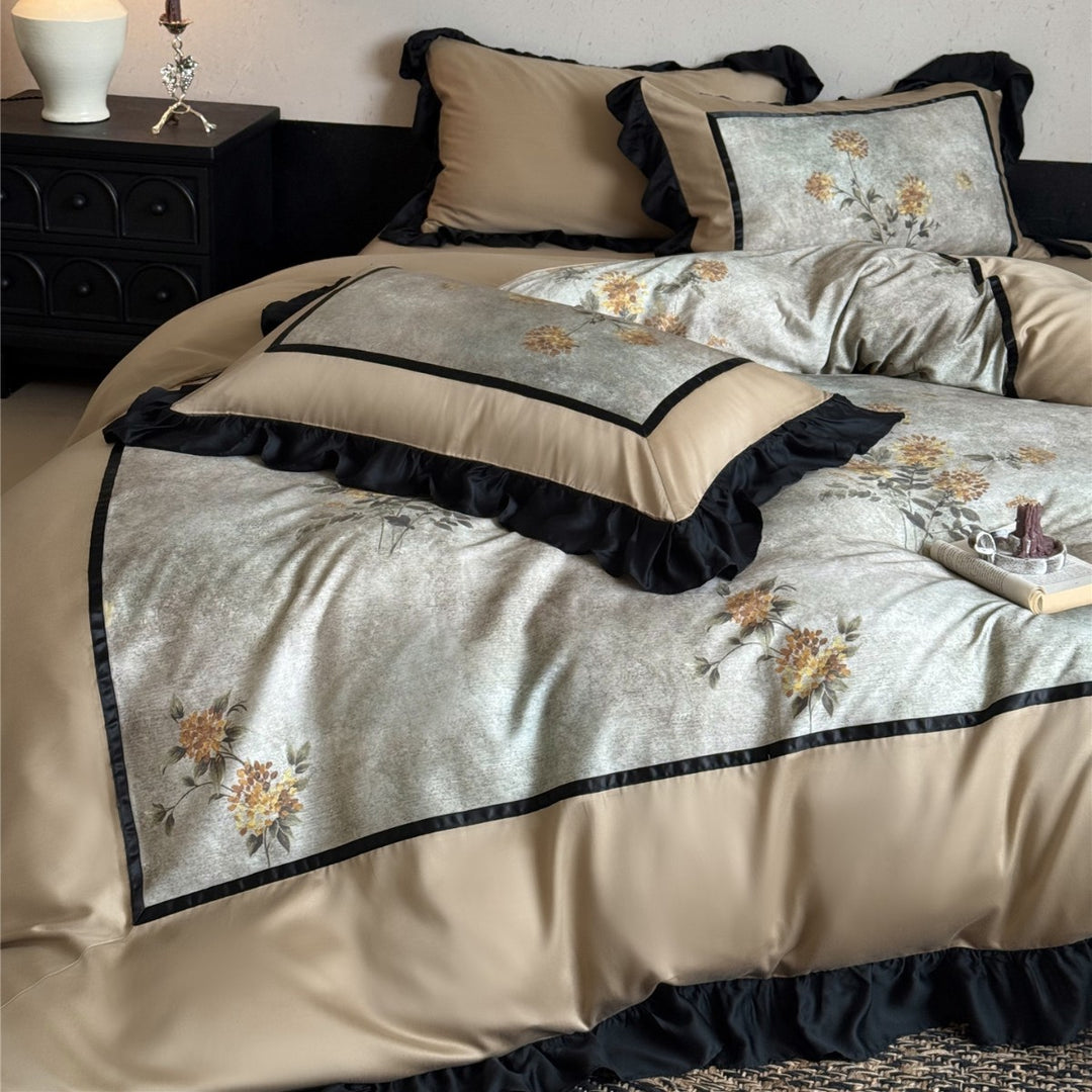 Luxuriöse Rüschen-Satin-Blumen-Bettdeckenbezug-Sets mit Kissenbezügen