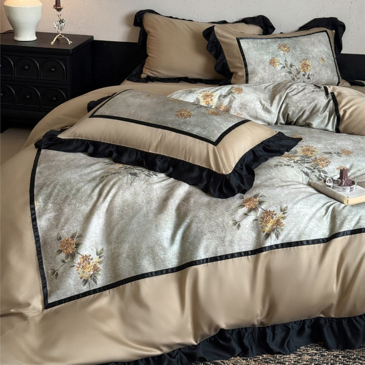 Luxuriöse Rüschen-Satin-Blumen-Bettdeckenbezug-Sets mit Kissenbezügen