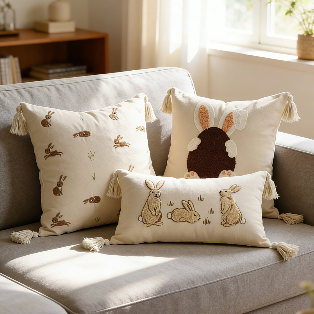 Besticktes Kaninchen Leinenmischung Lendenkissen mit Quastenecken