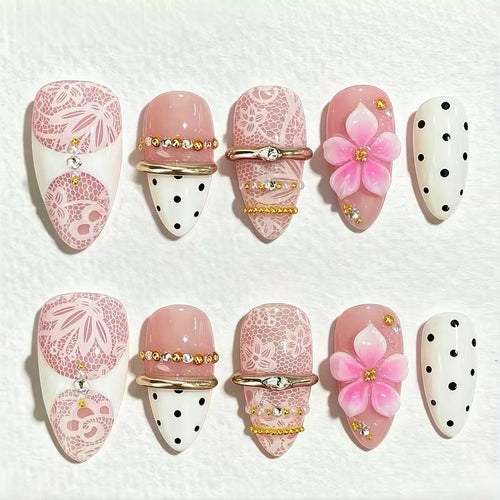 Dekoratives Floral- und mit Edelsteinen verziertes Press-On-Nagelset