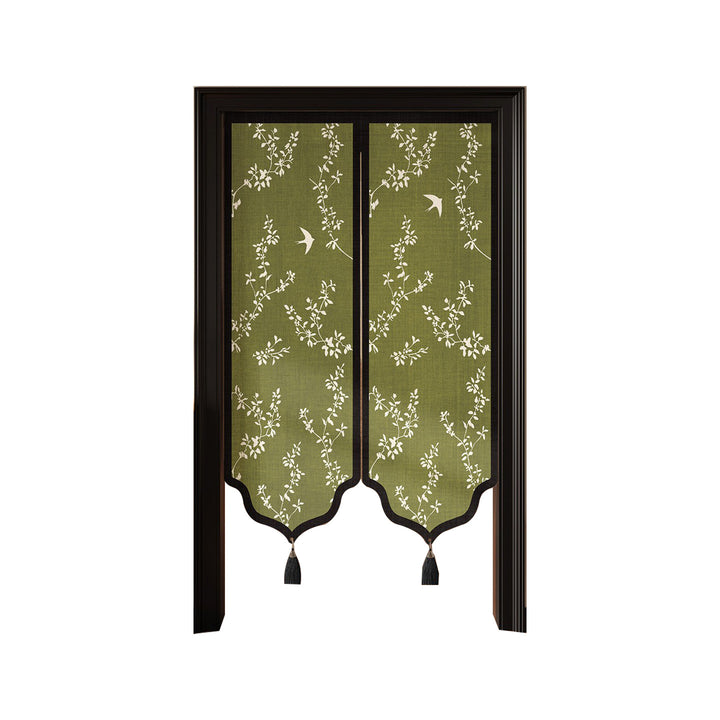 Decorative Split Noren Door Curtain Panel with Floral Jacquard and Tassel Weights