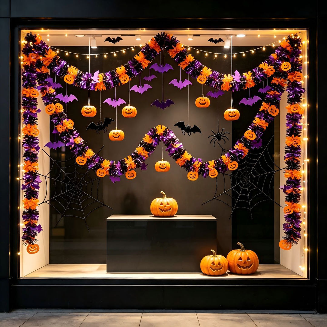 Glänzende Halloween-Girlande aus Kunststoff mit Kürbis-Konfetti und dichten Fransen