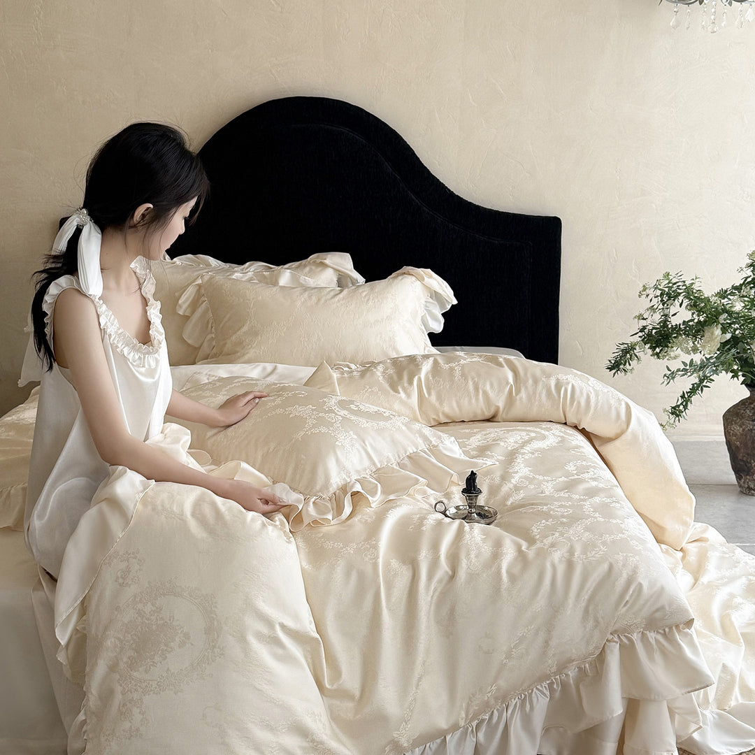 Embossed Damask Duvet Cover Set with Ruffle-Edge Shams and Reversible Sateen Lining