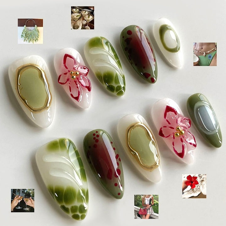 Kunstnagelset mit eleganten floralen Designs und farblichen Akzenten Karnz