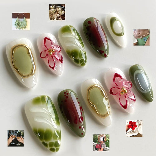 Kunstnagelset mit eleganten floralen Designs und farblichen Akzenten Karnz