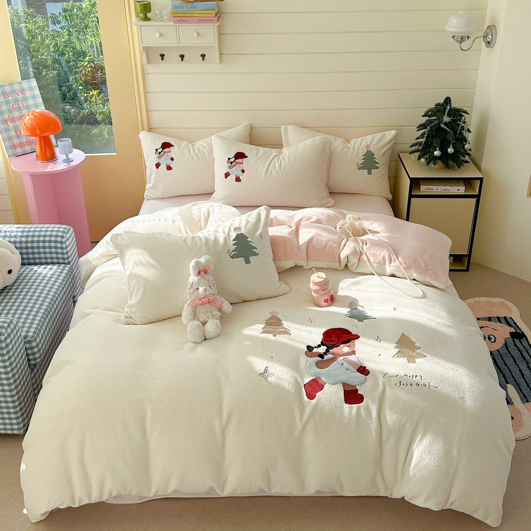 Plush Sherpa Embroidered Winter Cartoon Duvet Cover Set with Reversible Soft Lining and Pillow Shams