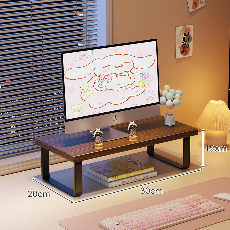 Kompakte Holz-Desktop-Monitorerhöhung mit Metallbeinen und unterer Ablagefläche