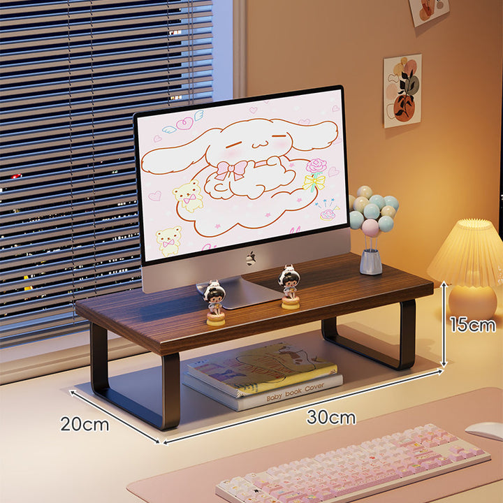 Kompakte Holz-Desktop-Monitorerhöhung mit Metallbeinen und unterer Ablagefläche