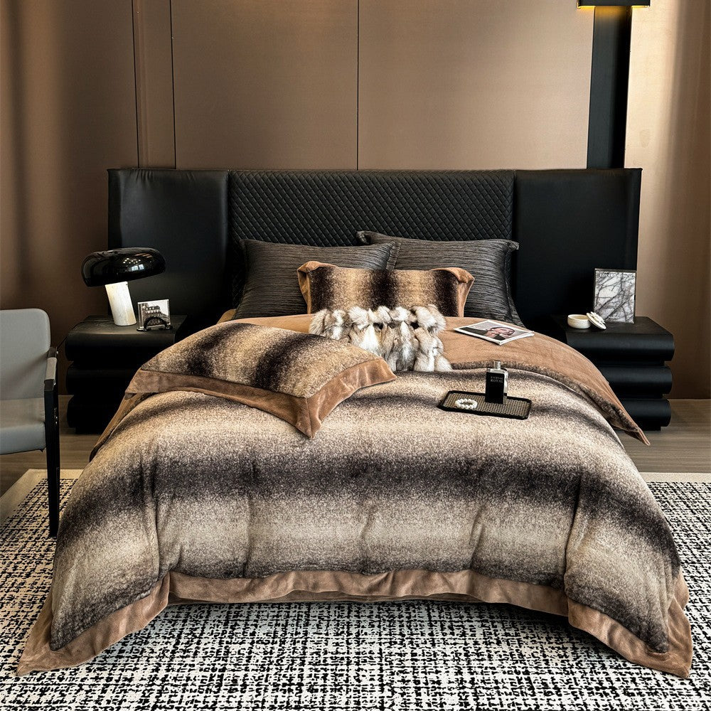Wohliges Microfleece-Bettwäscheset mit Ombre-Verlauf und Faux-Fur-Zierkissen