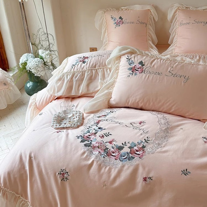 Romantisches Rüschendekoriertes Floral Bettbezug und Kissenbezug Set