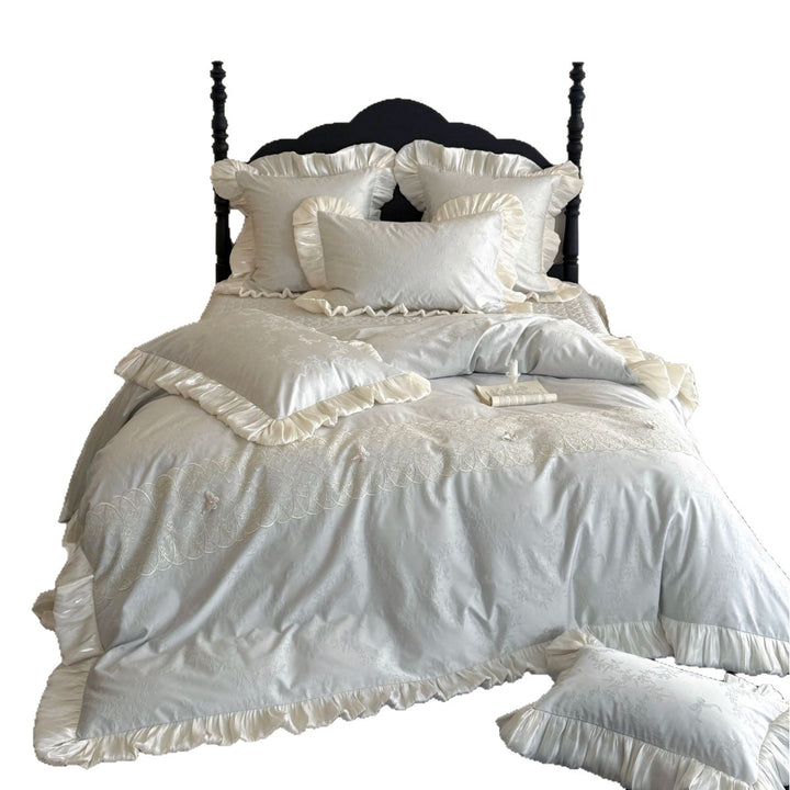 Romantisches gesticktes Jacquard-Bettwäsche-Set mit Satinschleifenbesatz