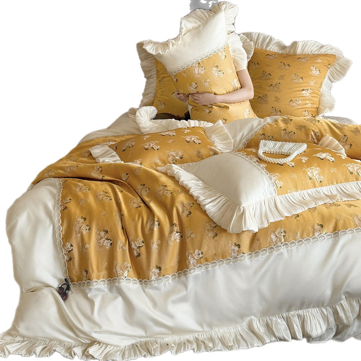 Rüschen Satin-Trim Quilt Bettbezug Set mit Spitzen-Einsätzen