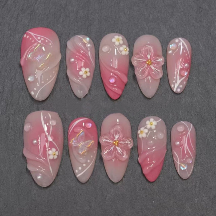 Künstlerisches Floral- und Stern-Applikationen Press-On Nagelset Karnz