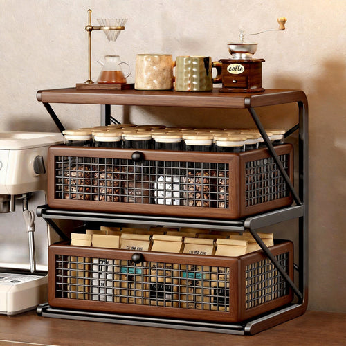 Küchenarbeitsplatte Kaffee Station Organizer mit Holzoberfläche und Metalldrahtkorb