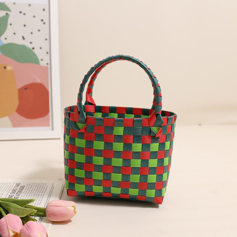 Damen Handtasche aus geflochtenem Kunststoff mit fröhlichem Muster Karnz