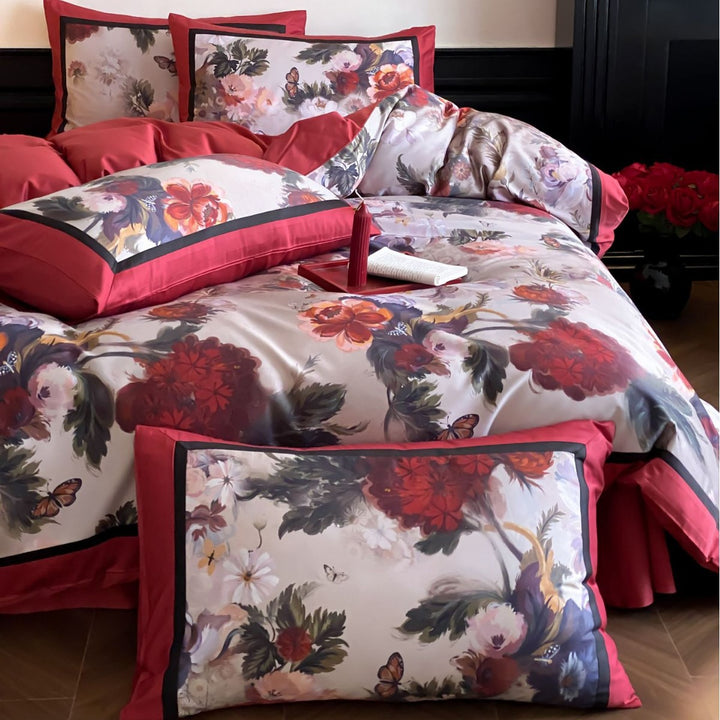 Luxuriöses Satin-Textur Blumen Bettbezug Set mit kontrastierender Bordüre und passenden Kissenbezügen