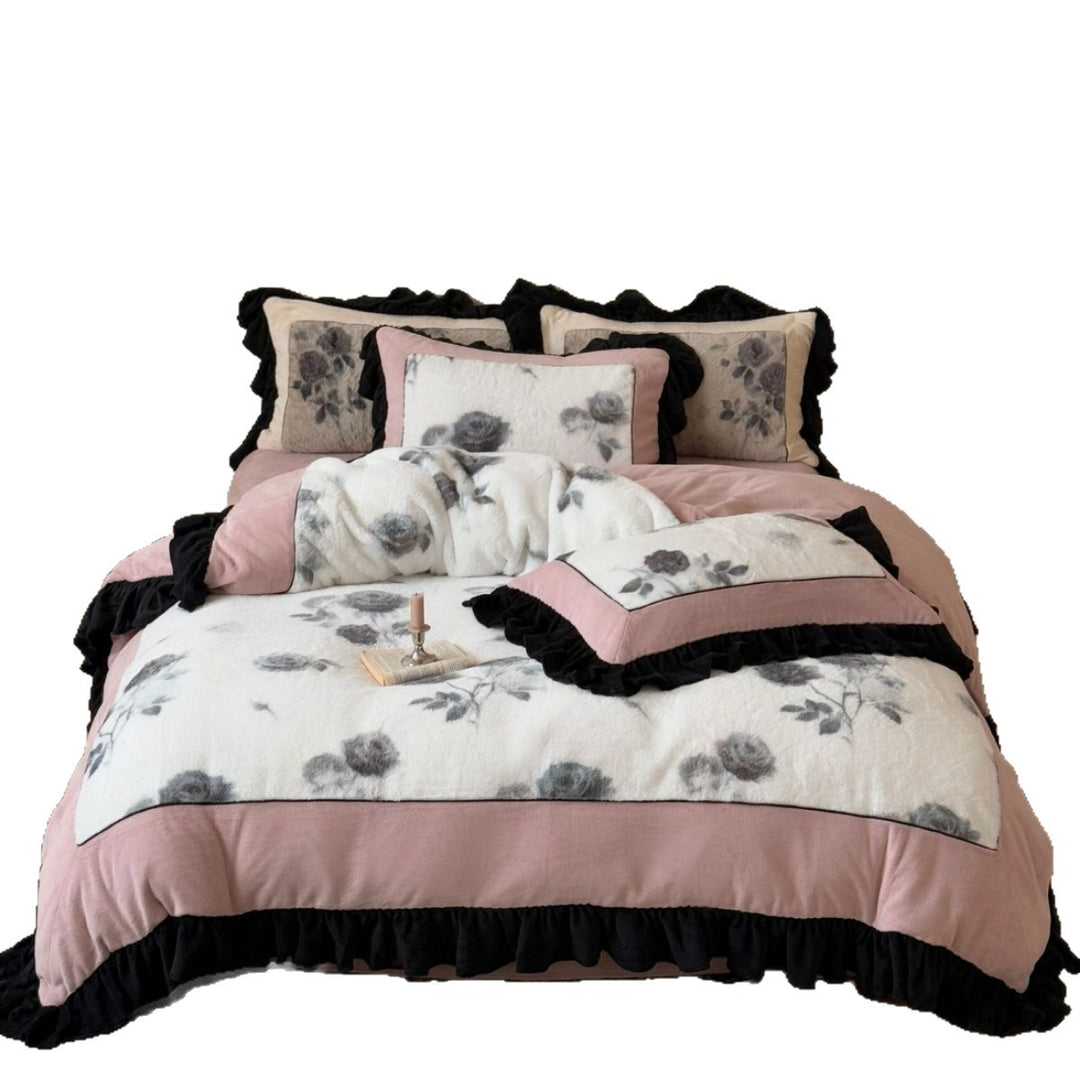 Bettgarnitur Aquarell-Blumenprint mit strukturierter Chenille-Front und kontrastierender Wellenkante