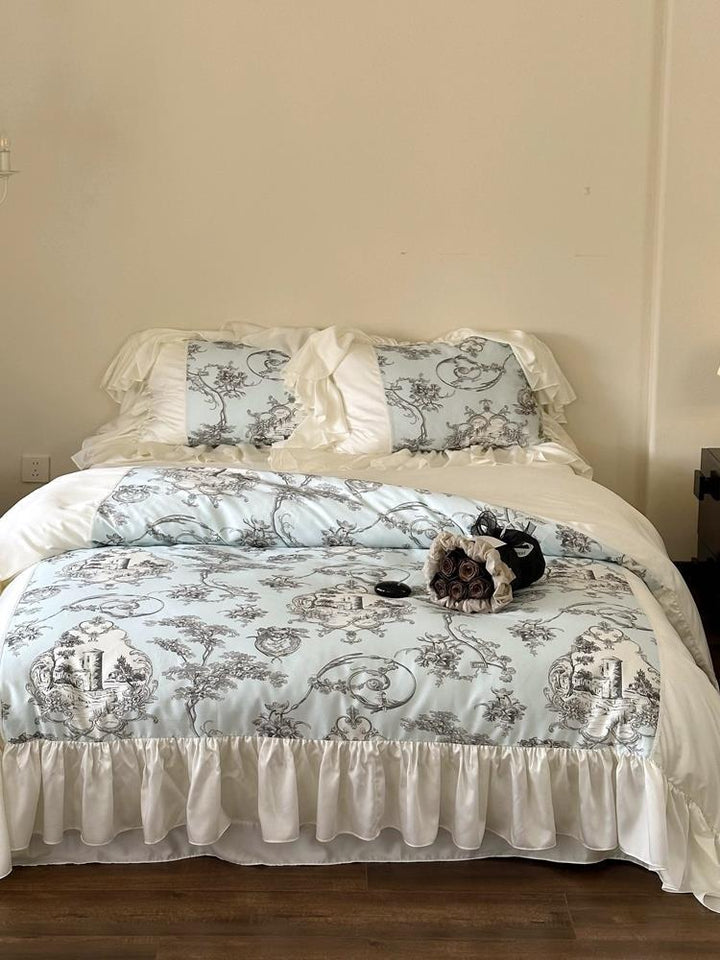 Rüschige Satin-Bettgarnitur im Vintage-Toile-Design mit Volant