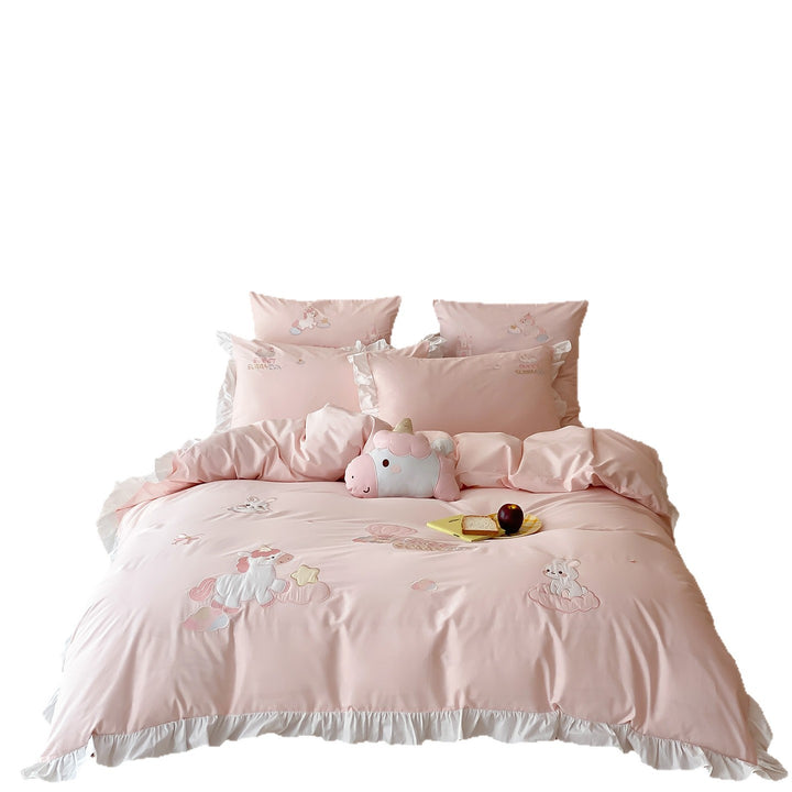 Embroidered Cotton-Sateen Ruffled Duvet Cover Set with Tailored Bedskirt & Decorative Pillow Shams