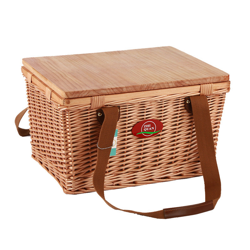 Damen Picknickkorb aus hochwertigem Naturmaterial mit robustem Holzdeckel Karnz