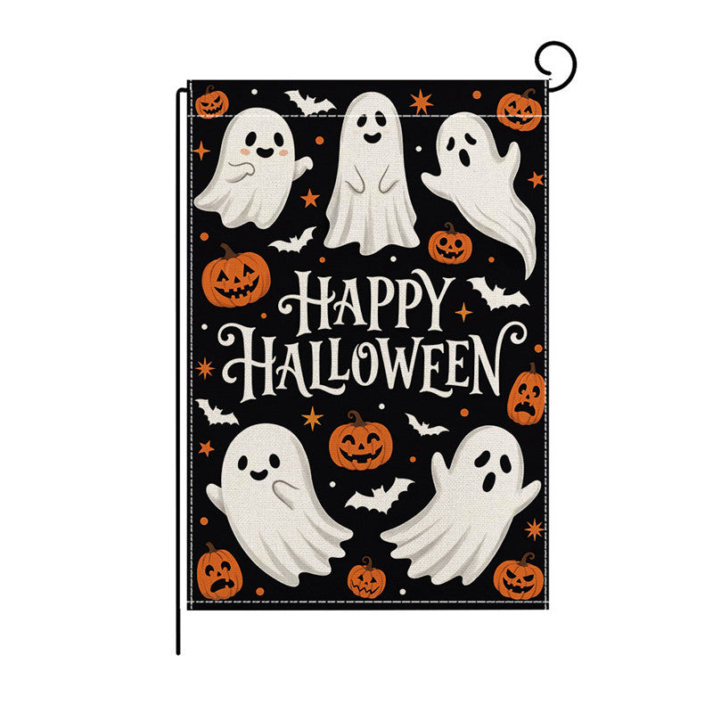 Schwerlast-Halloween-Spun-Polyester-Dekorationsgartenflagge mit verspielten Geistern und Kürbislaternen