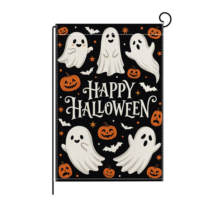 Schwerlast-Halloween-Spun-Polyester-Dekorationsgartenflagge mit verspielten Geistern und Kürbislaternen