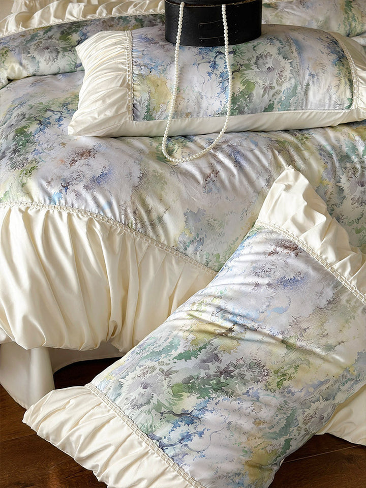 Luxuriöses Satin-Bettwäsche-Set mit Rüschen und Aquarellblumenmuster