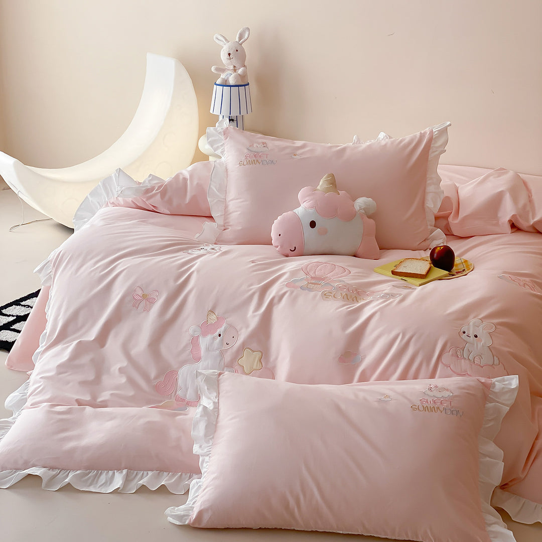 Embroidered Cotton-Sateen Ruffled Duvet Cover Set with Tailored Bedskirt & Decorative Pillow Shams