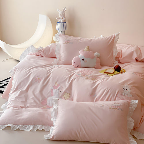 Embroidered Cotton-Sateen Ruffled Duvet Cover Set with Tailored Bedskirt & Decorative Pillow Shams
