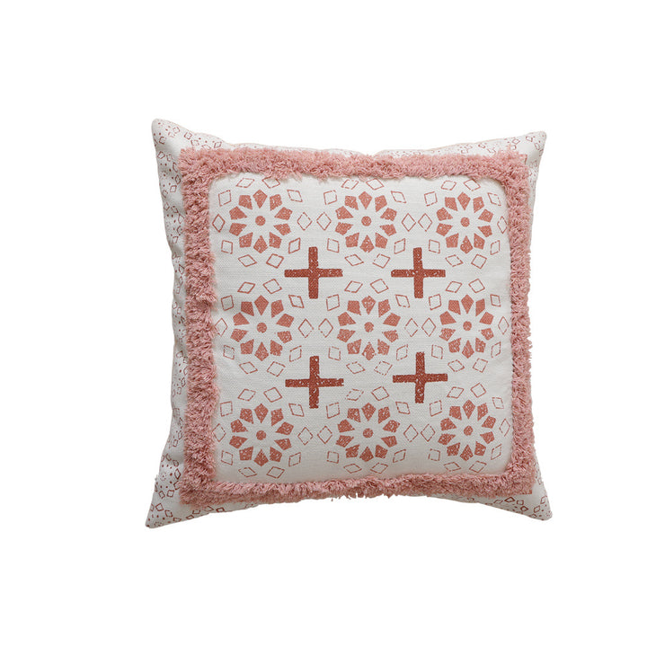 Gewebtes Dekokissen mit botanischem Jacquardmuster und Bommelbesatz