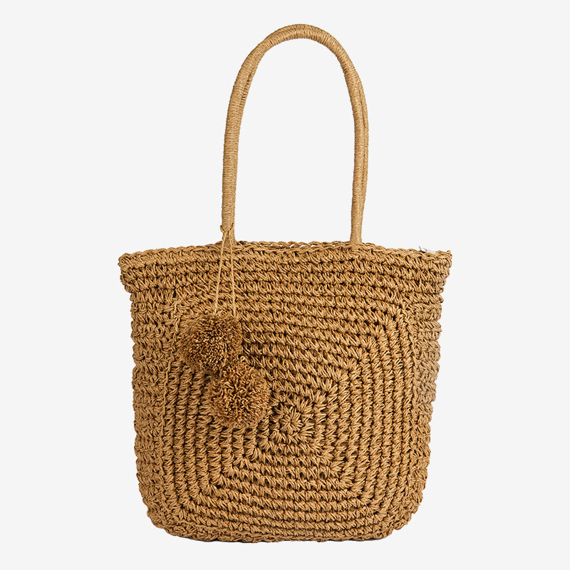 Damen Handgefertigte Basttasche mit verspieltem Pompon-Detail Karnz