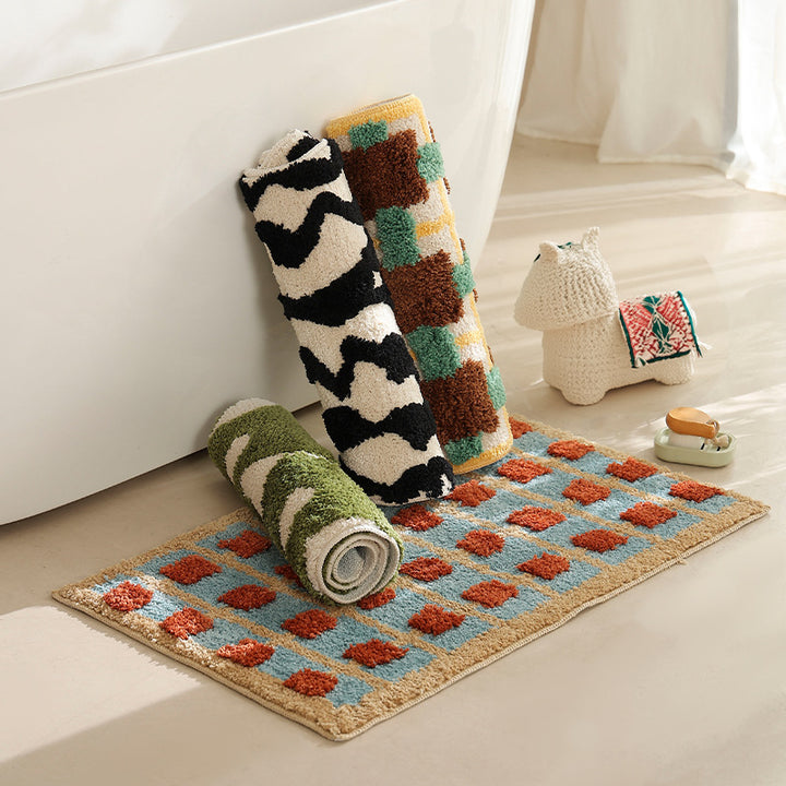 flauschige Bad- und Fußmatte aus Baumwoll-Tufting mit Retro-Karo-Muster