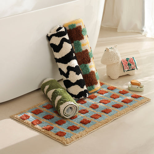 flauschige Bad- und Fußmatte aus Baumwoll-Tufting mit Retro-Karo-Muster
