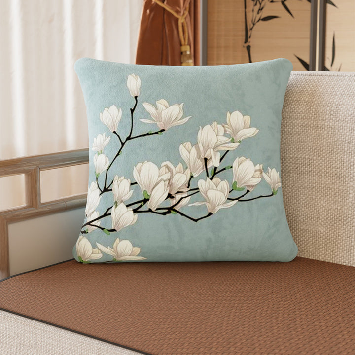 Square Plush Magnolia Botanical Velvet Pillow Cover with Concealed Zipper and Microfiber Backing