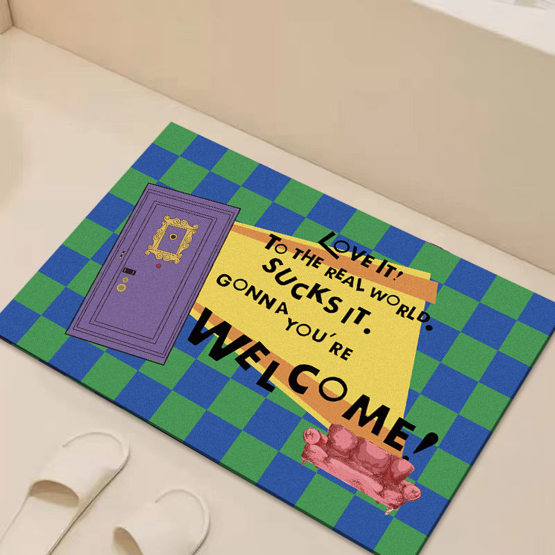Retro Illustrated Welcome Doormat with Printed Door and Couch Design
