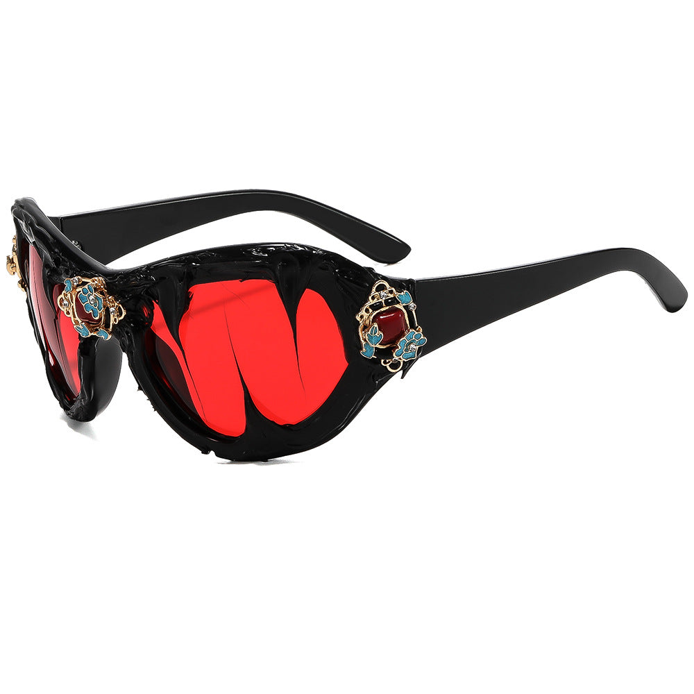 Damen extravagante Sonnenbrille mit floralen Kristallverzierungen Karnz