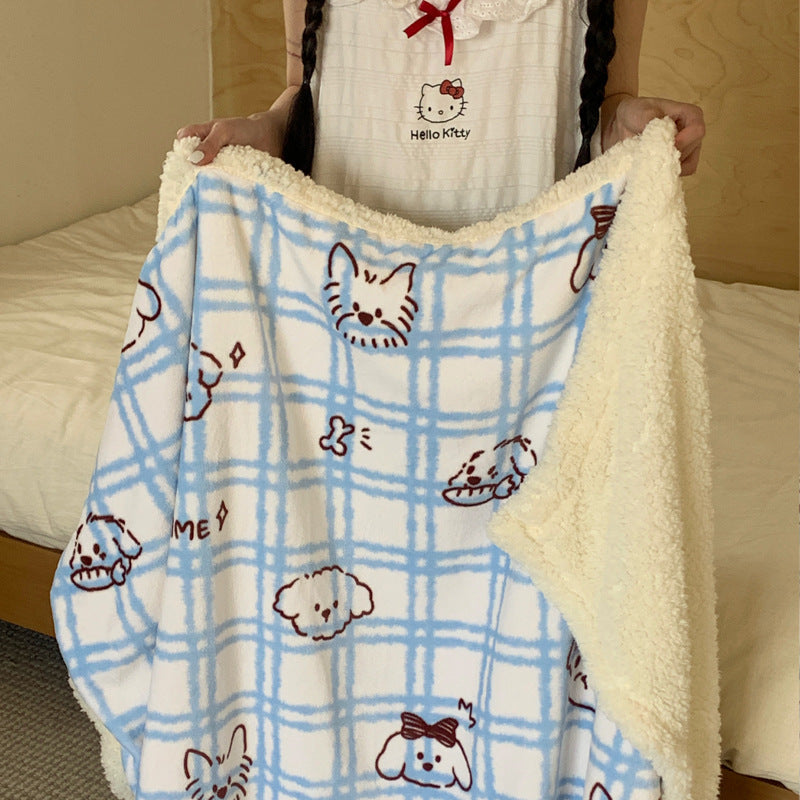 Wendbare Kuscheldecke mit Sherpa-Fleece, niedlichen Hunde-Illustrationen und kariertem Muster