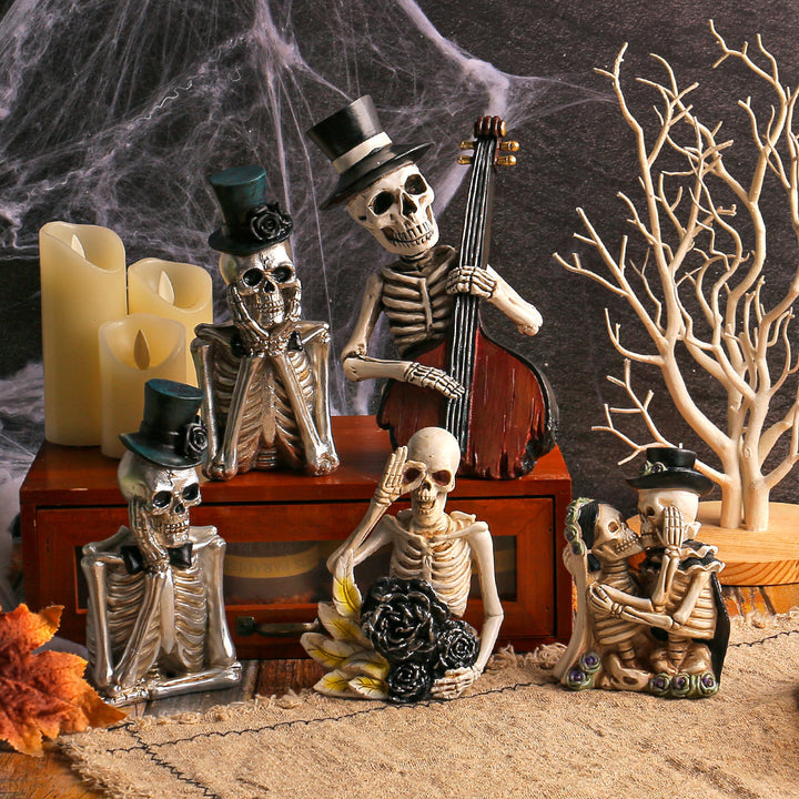 Detaillierte Resin-Halloween-Dekofigur Skelett mit Kontrabass